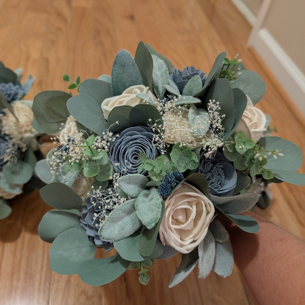 Elegant Bridesmaid Bouquets with Dusty Blue and Ivory Flowers